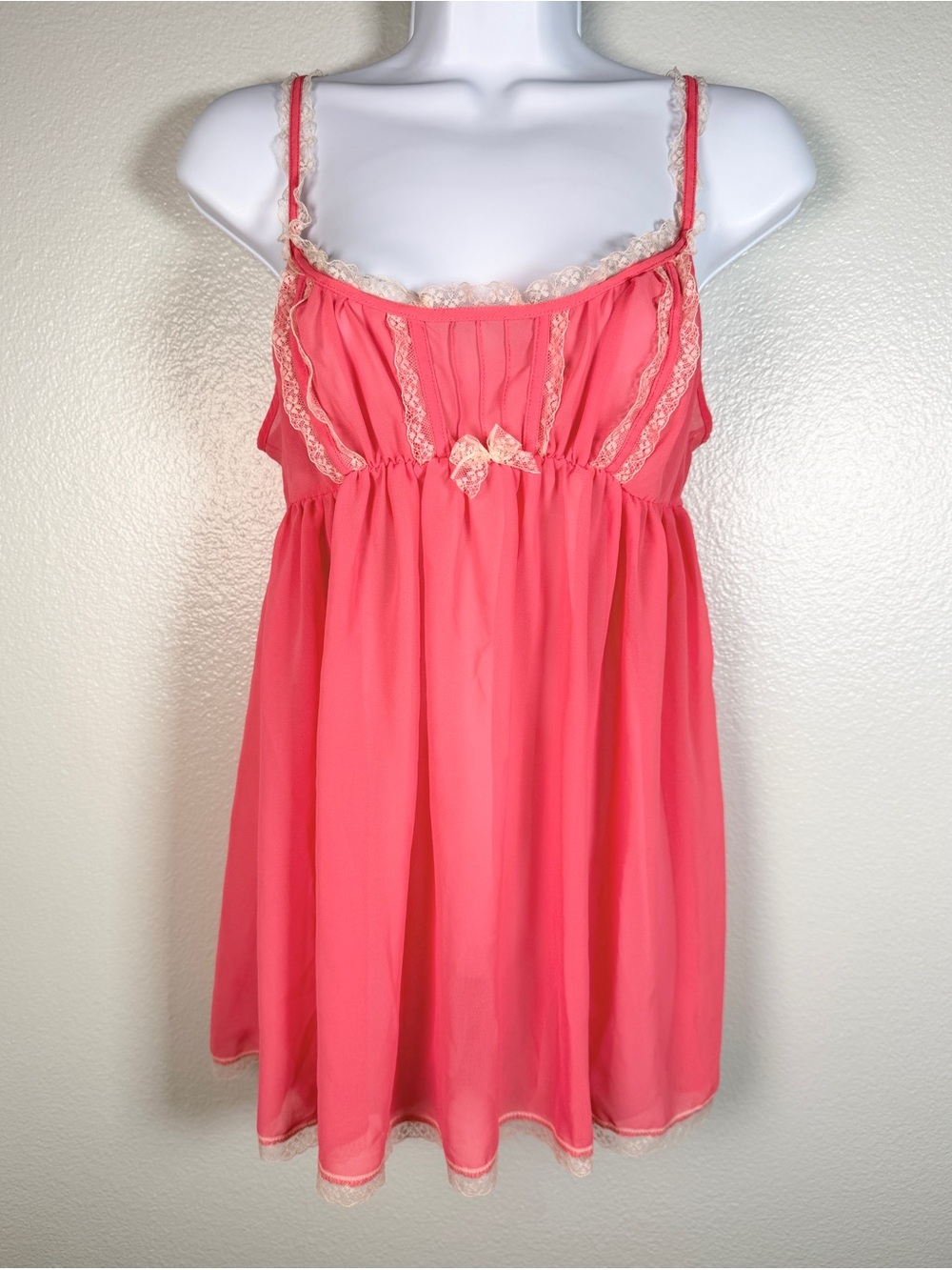 2000s Victoria's Secret Chiffon Lace Trim Babydoll Slip Dress Coral M Y2K